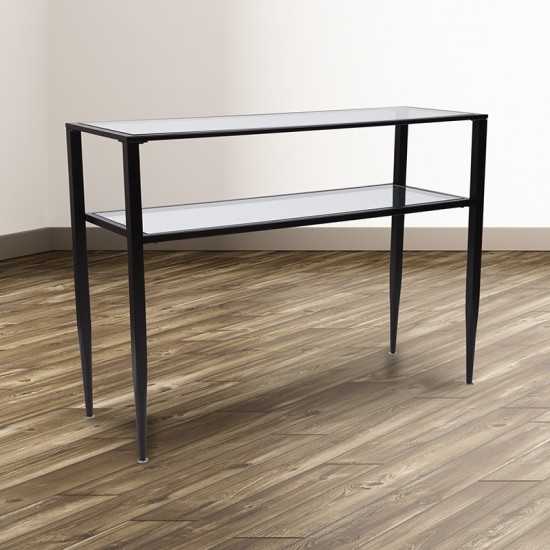 Newport Collection Glass Console Table with Shelves and Black Metal Frame