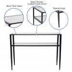 Newport Collection Glass Console Table with Shelves and Black Metal Frame