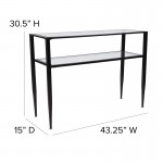 Newport Collection Glass Console Table with Shelves and Black Metal Frame