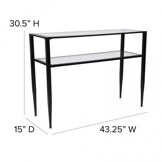 Newport Collection Glass Console Table with Shelves and Black Metal Frame