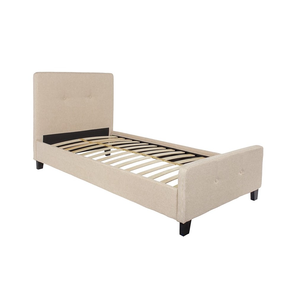 Tribeca Twin Size Tufted Upholstered Platform Bed in Beige Fabric