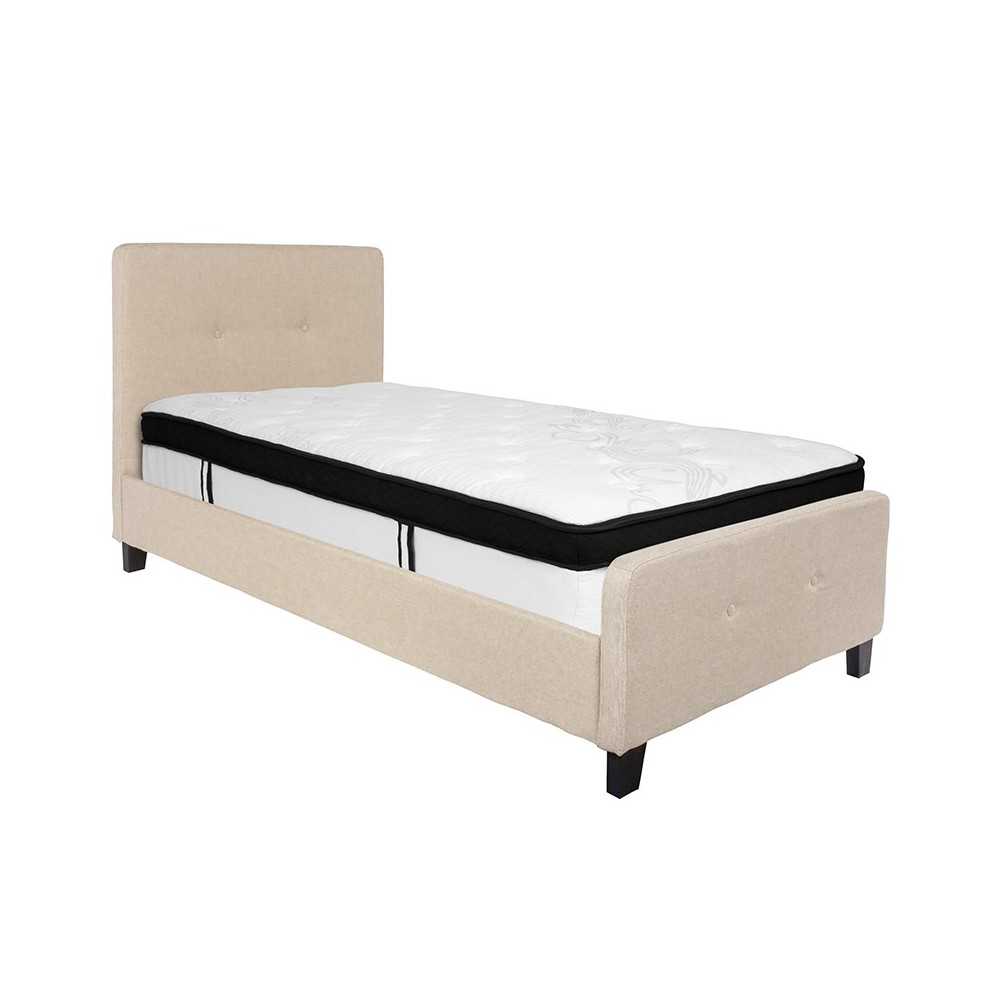 Tribeca Twin Size Tufted Upholstered Platform Bed in Beige Fabric with Memory Foam Mattress