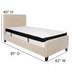 Tribeca Twin Size Tufted Upholstered Platform Bed in Beige Fabric with Memory Foam Mattress