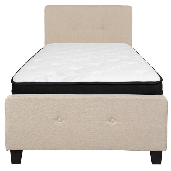 Tribeca Twin Size Tufted Upholstered Platform Bed in Beige Fabric with Memory Foam Mattress