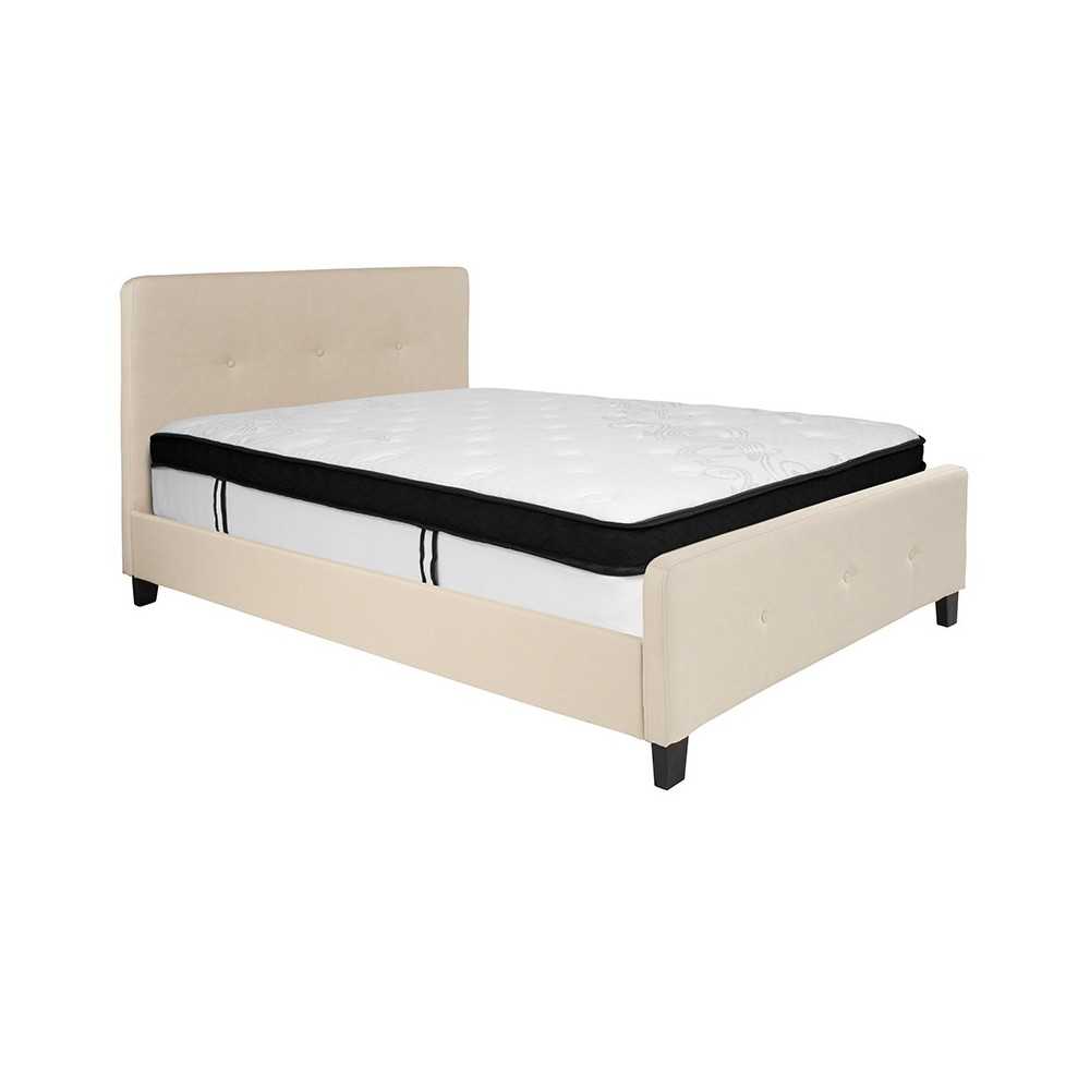 Tribeca Full Size Tufted Upholstered Platform Bed in Beige Fabric with Memory Foam Mattress