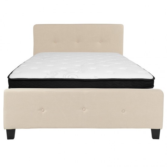 Tribeca Full Size Tufted Upholstered Platform Bed in Beige Fabric with Memory Foam Mattress