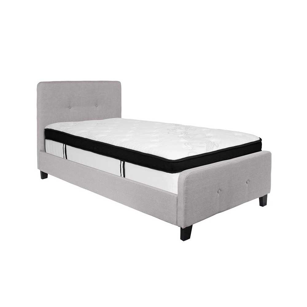 Tribeca Twin Size Tufted Upholstered Platform Bed in Light Gray Fabric with Memory Foam Mattress