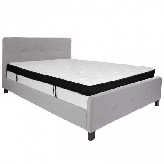 Tribeca Queen Size Tufted Upholstered Platform Bed in Light Gray Fabric with Memory Foam Mattress