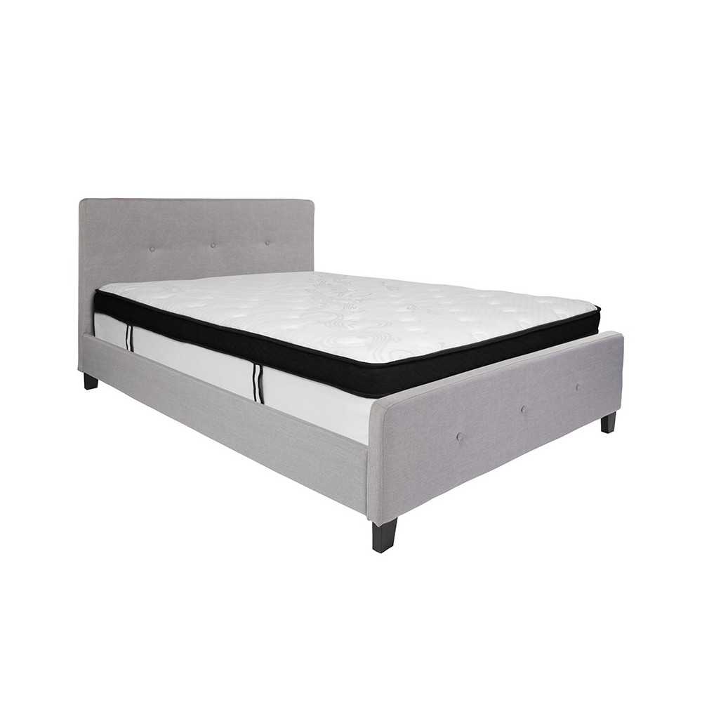 Tribeca Queen Size Tufted Upholstered Platform Bed in Light Gray Fabric with Memory Foam Mattress