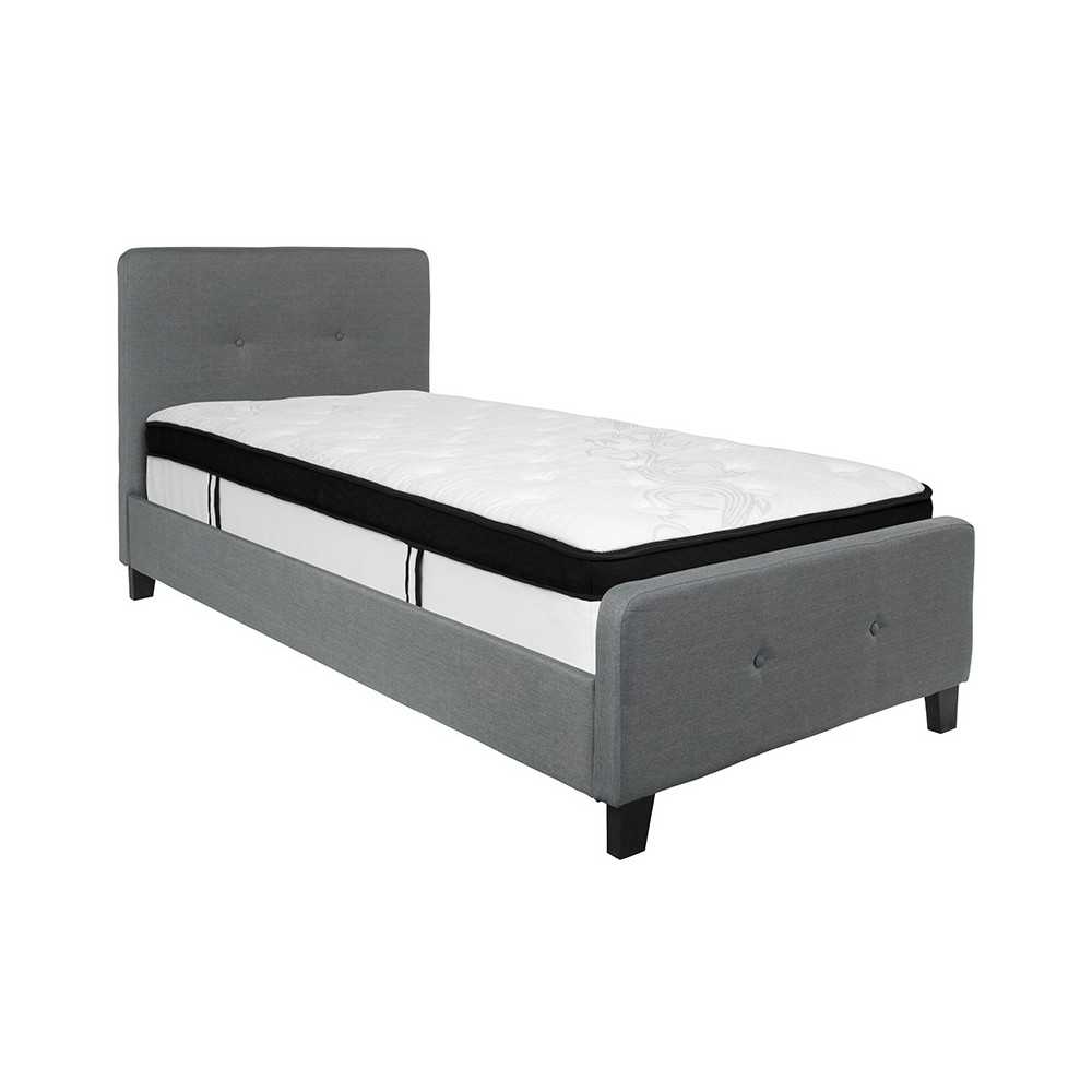 Tribeca Twin Size Tufted Upholstered Platform Bed in Dark Gray Fabric with Memory Foam Mattress