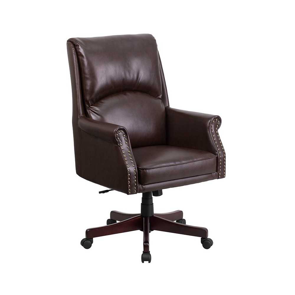 High Back Pillow Back Brown LeatherSoft Executive Swivel Office Chair with Arms