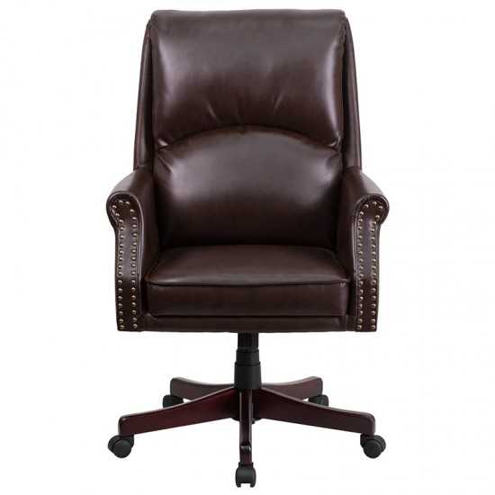 High Back Pillow Back Brown LeatherSoft Executive Swivel Office Chair with Arms