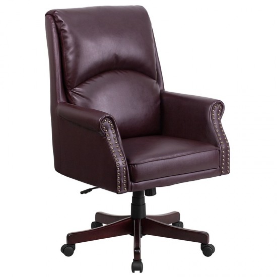 High Back Pillow Back Burgundy LeatherSoft Executive Swivel Office Chair with Arms