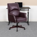 High Back Pillow Back Burgundy LeatherSoft Executive Swivel Office Chair with Arms