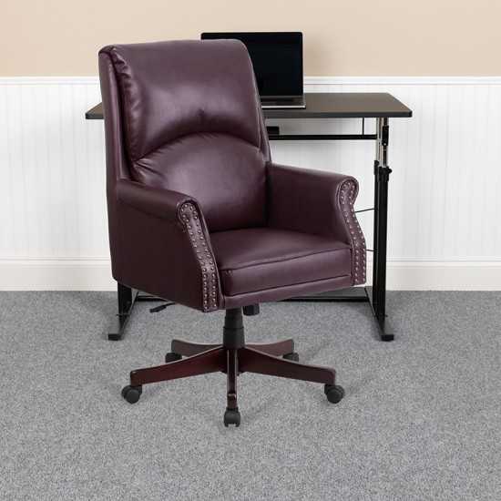 High Back Pillow Back Burgundy LeatherSoft Executive Swivel Office Chair with Arms