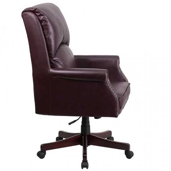 High Back Pillow Back Burgundy LeatherSoft Executive Swivel Office Chair with Arms