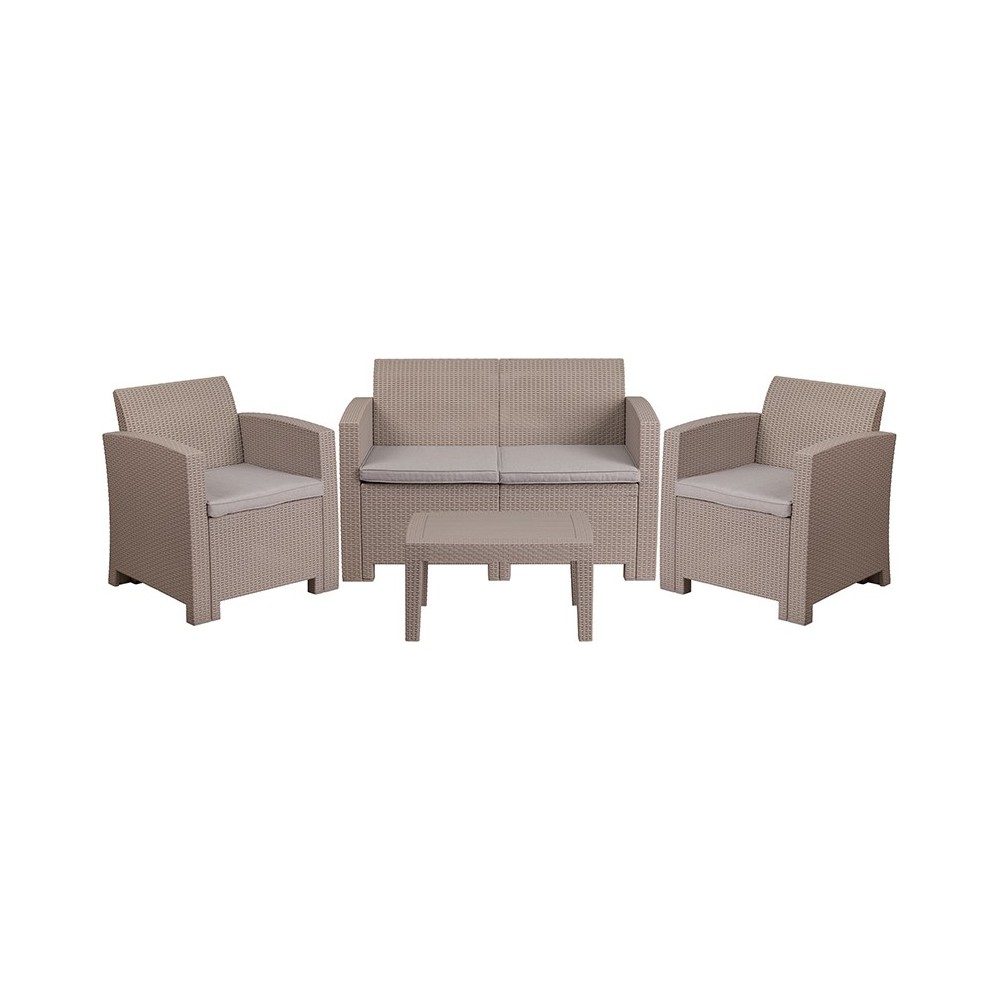 4 Piece Outdoor Faux Rattan Chair, Loveseat and Table Set in Light Gray