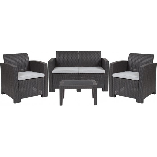 4 Piece Outdoor Faux Rattan Chair, Loveseat and Table Set in Dark Gray