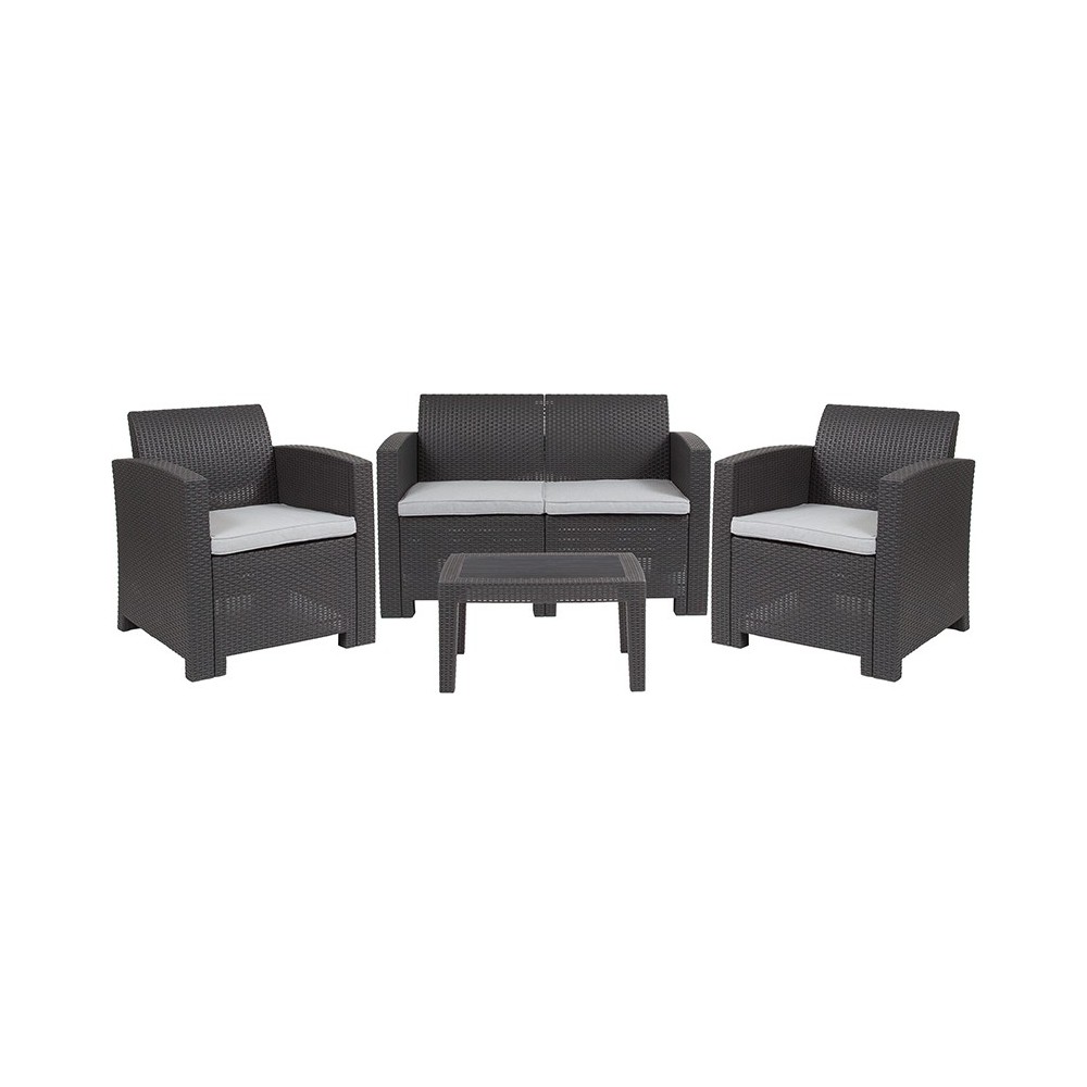 4 Piece Outdoor Faux Rattan Chair, Loveseat and Table Set in Dark Gray 4 Piece Outdoor Faux Rattan Chair, Loveseat and Table Set in Dark Gray