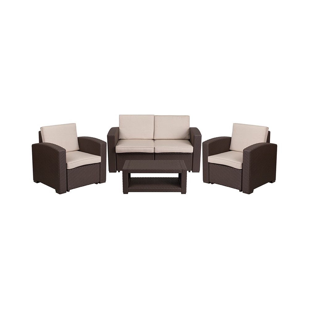 4 Piece Outdoor Faux Rattan Chair, Loveseat and Table Set in Chocolate Brown