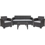 4 Piece Outdoor Faux Rattan Chair, Sofa and Table Set in Dark Gray