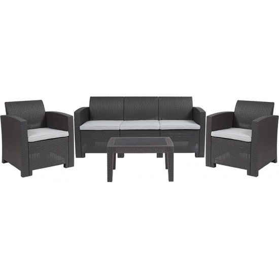 4 Piece Outdoor Faux Rattan Chair, Sofa and Table Set in Dark Gray