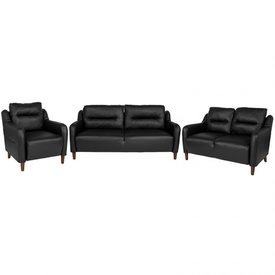 Newton Hill Upholstered Bustle Back Chair, Loveseat and Sofa Set in Black LeatherSoft