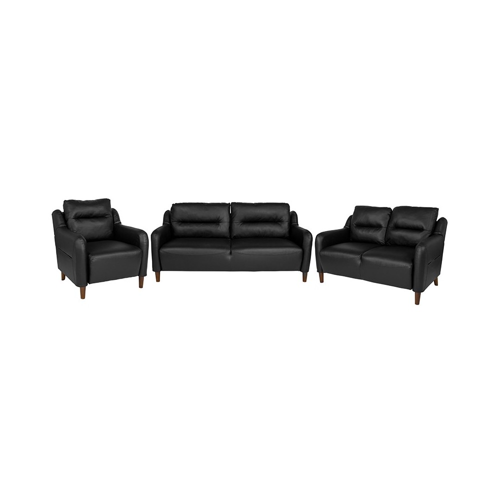 Newton Hill Upholstered Bustle Back Chair, Loveseat and Sofa Set in Black LeatherSoft