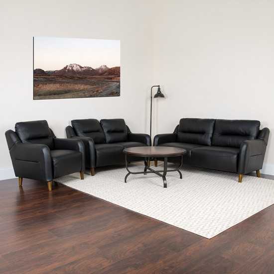 Newton Hill Upholstered Bustle Back Chair, Loveseat and Sofa Set in Black LeatherSoft