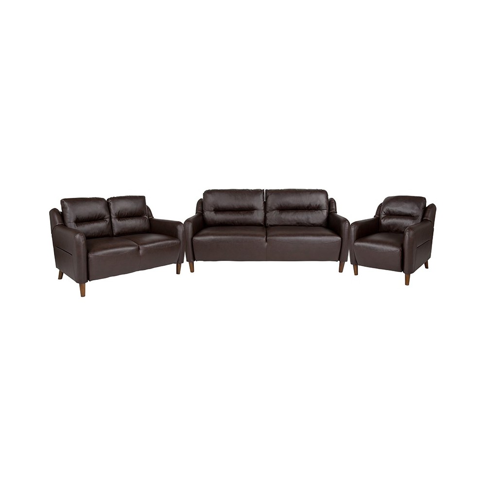 Newton Hill Upholstered Bustle Back Chair, Loveseat and Sofa Set in Brown LeatherSoft