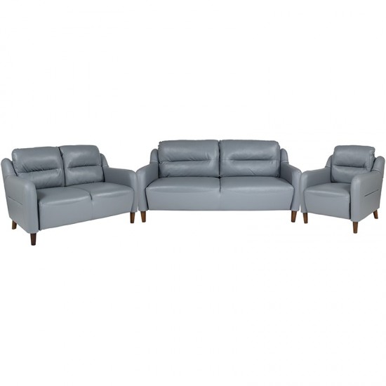 Newton Hill Upholstered Bustle Back Chair, Loveseat and Sofa Set in Gray LeatherSoft