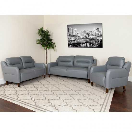 Newton Hill Upholstered Bustle Back Chair, Loveseat and Sofa Set in Gray LeatherSoft