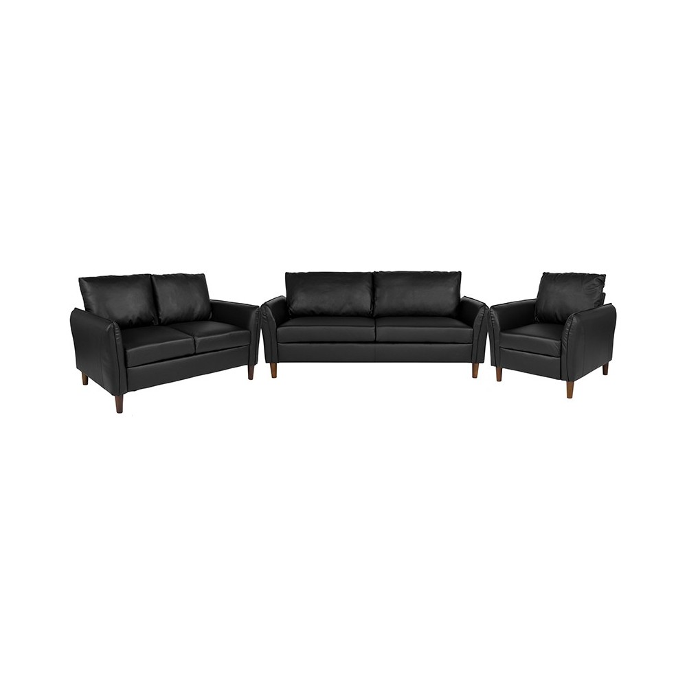 Milton Park Upholstered Plush Pillow Back Chair, Loveseat and Sofa Set in Black LeatherSoft