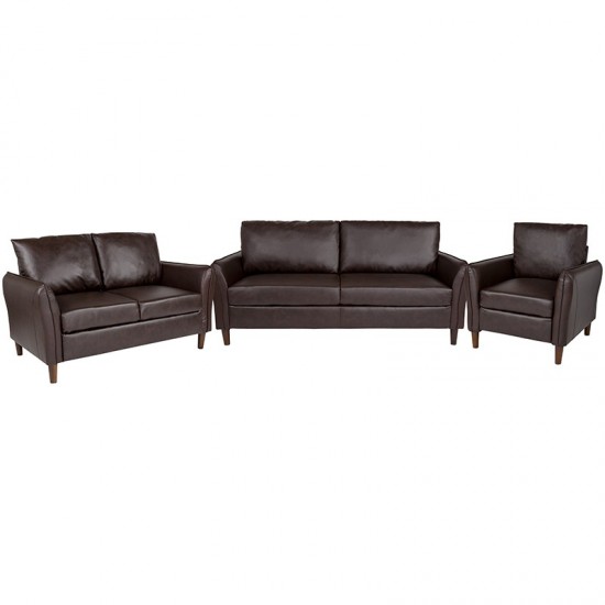 Milton Park Upholstered Plush Pillow Back Chair, Loveseat and Sofa Set in Brown LeatherSoft