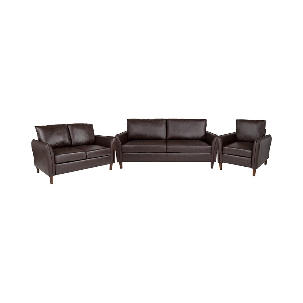 Milton Park Upholstered Plush Pillow Back Chair, Loveseat and Sofa Set in Brown LeatherSoft