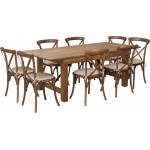 7' x 40'' Antique Rustic Folding Farm Table Set with 8 Cross Back Chairs and Cushions