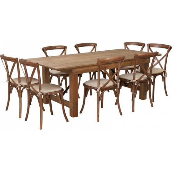 7' x 40'' Antique Rustic Folding Farm Table Set with 8 Cross Back Chairs and Cushions
