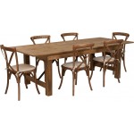 8' x 40'' Antique Rustic Folding Farm Table Set with 6 Cross Back Chairs and Cushions