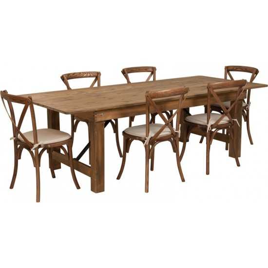 8' x 40'' Antique Rustic Folding Farm Table Set with 6 Cross Back Chairs and Cushions