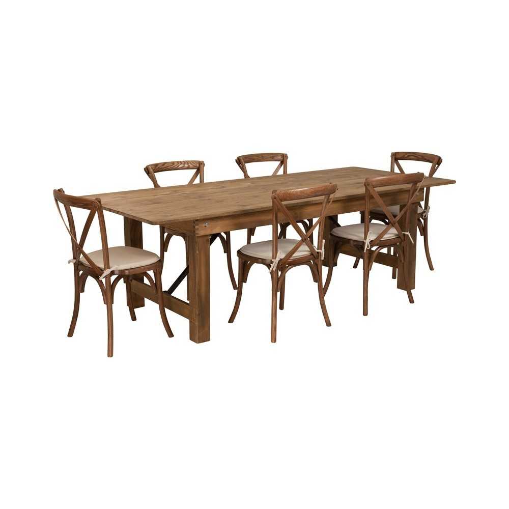 8' x 40'' Antique Rustic Folding Farm Table Set with 6 Cross Back Chairs and Cushions