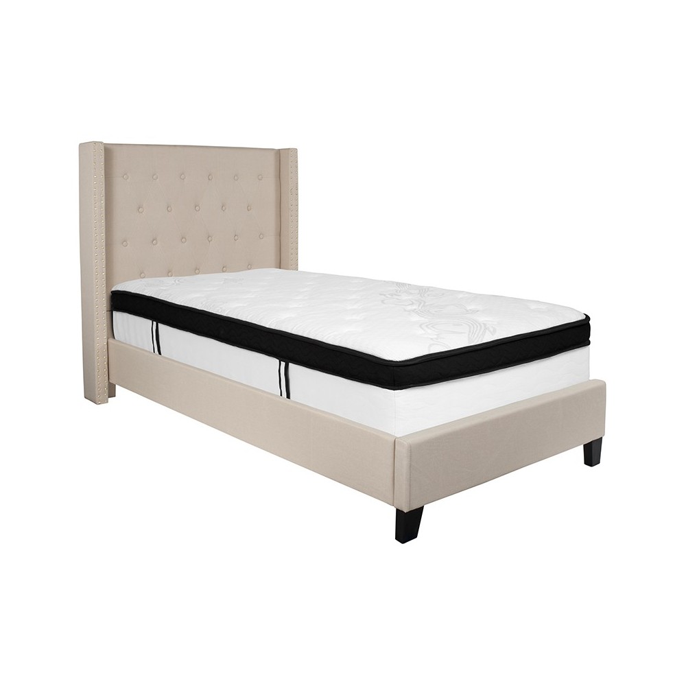 Riverdale Twin Size Tufted Upholstered Platform Bed in Beige Fabric with Memory Foam Mattress Riverdale Twin Size Tufted Upholstered Platform Bed in Beige Fabric with Memory Foam Mattress
