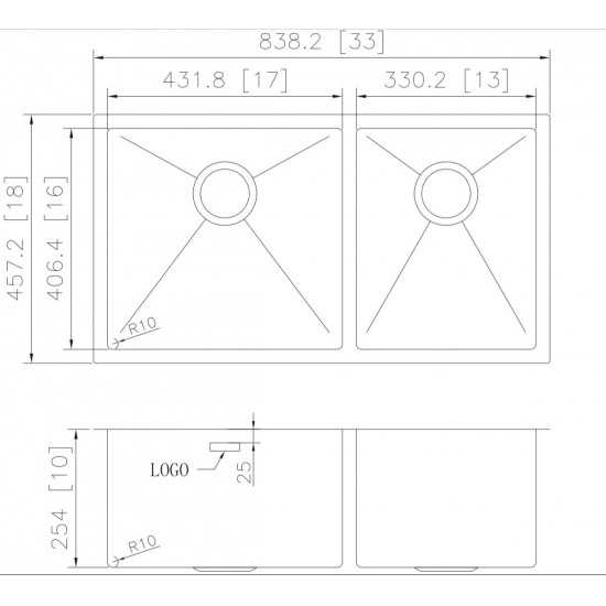 33-in. W CSA Approved Stainless Steel Kitchen Sink With Stainless Steel Finish And 18 Gauge