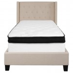 Riverdale Twin Size Tufted Upholstered Platform Bed in Beige Fabric with Memory Foam Mattress