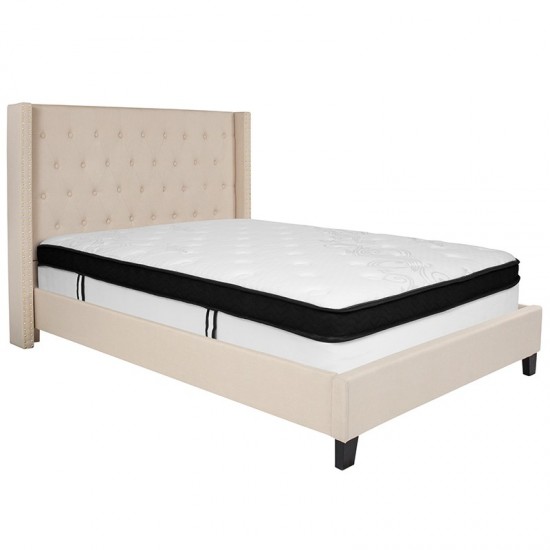 Riverdale Full Size Tufted Upholstered Platform Bed in Beige Fabric with Memory Foam Mattress