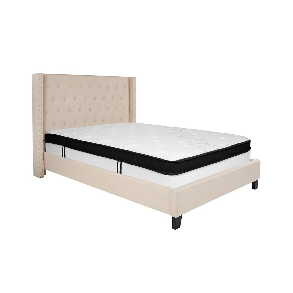 Riverdale Full Size Tufted Upholstered Platform Bed in Beige Fabric with Memory Foam Mattress