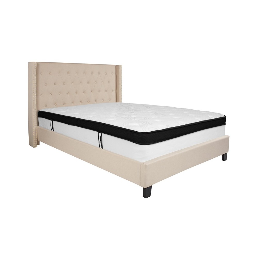 Riverdale Queen Size Tufted Upholstered Platform Bed in Beige Fabric with Memory Foam Mattress