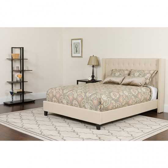 Riverdale Queen Size Tufted Upholstered Platform Bed in Beige Fabric with Memory Foam Mattress