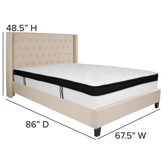 Riverdale Queen Size Tufted Upholstered Platform Bed in Beige Fabric with Memory Foam Mattress