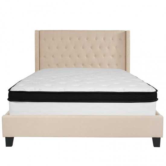 Riverdale Queen Size Tufted Upholstered Platform Bed in Beige Fabric with Memory Foam Mattress