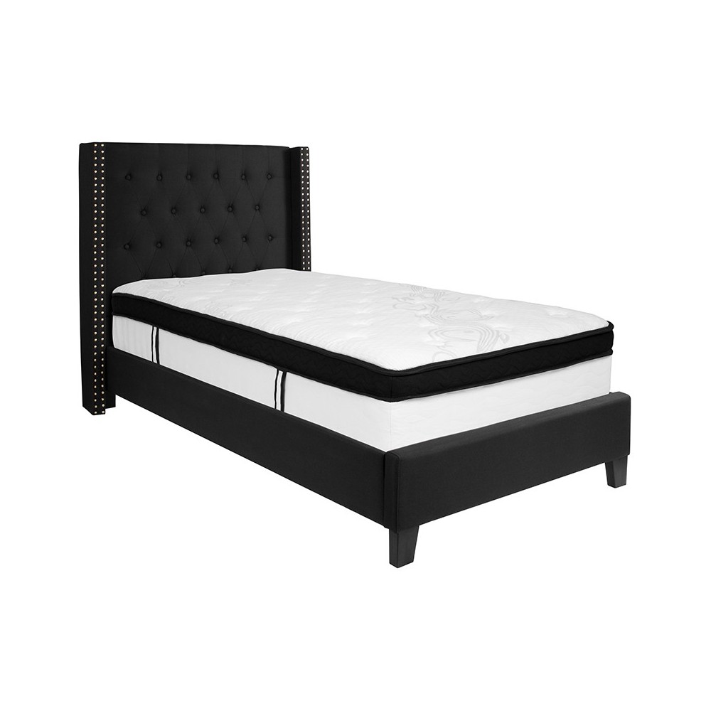 Riverdale Twin Size Tufted Upholstered Platform Bed in Black Fabric with Memory Foam Mattress Riverdale Twin Size Tufted Upholstered Platform Bed in Black Fabric with Memory Foam Mattress